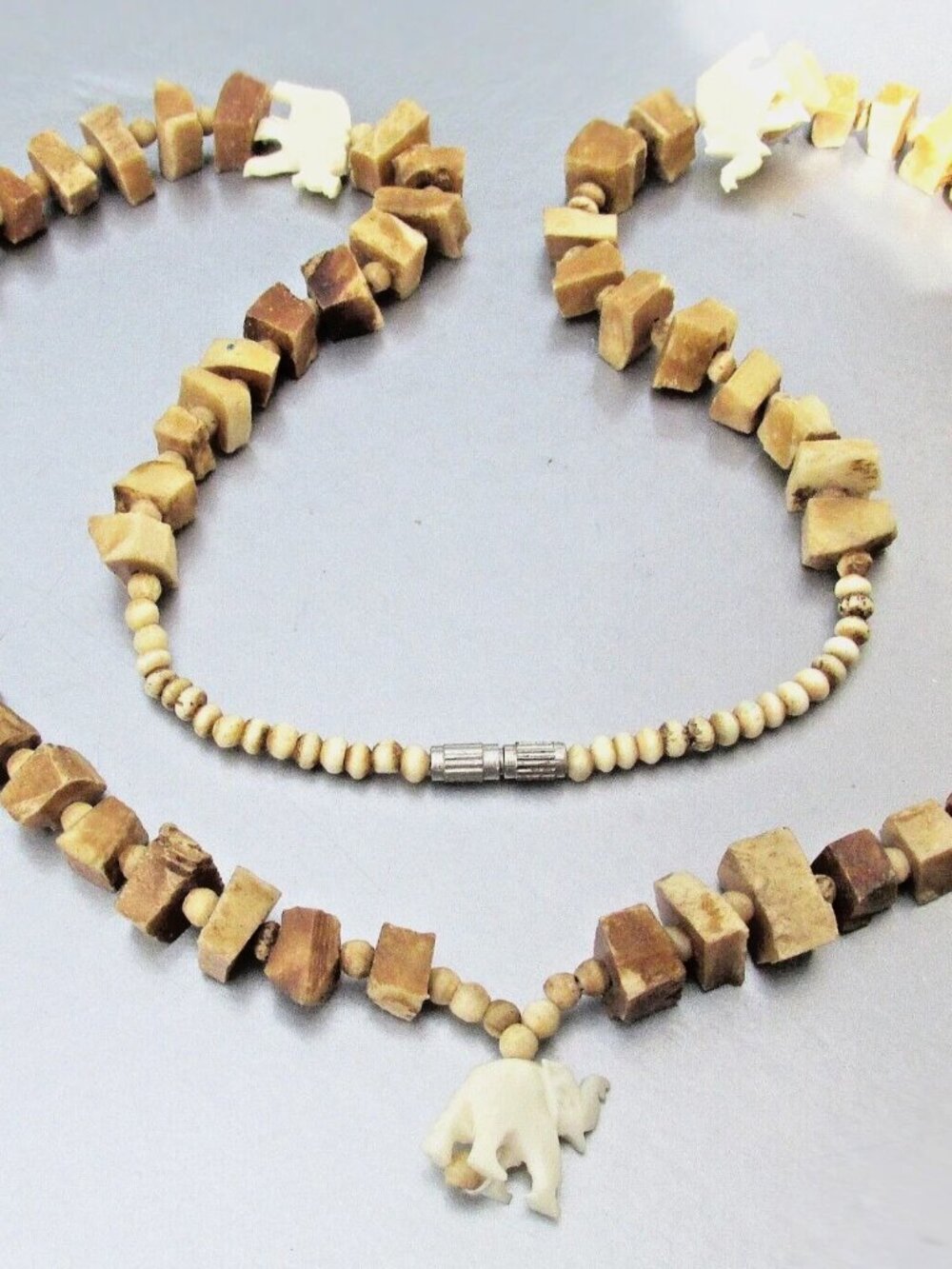 Vintage Carved Shell Elephant & Chunky Square Bead Long Necklace